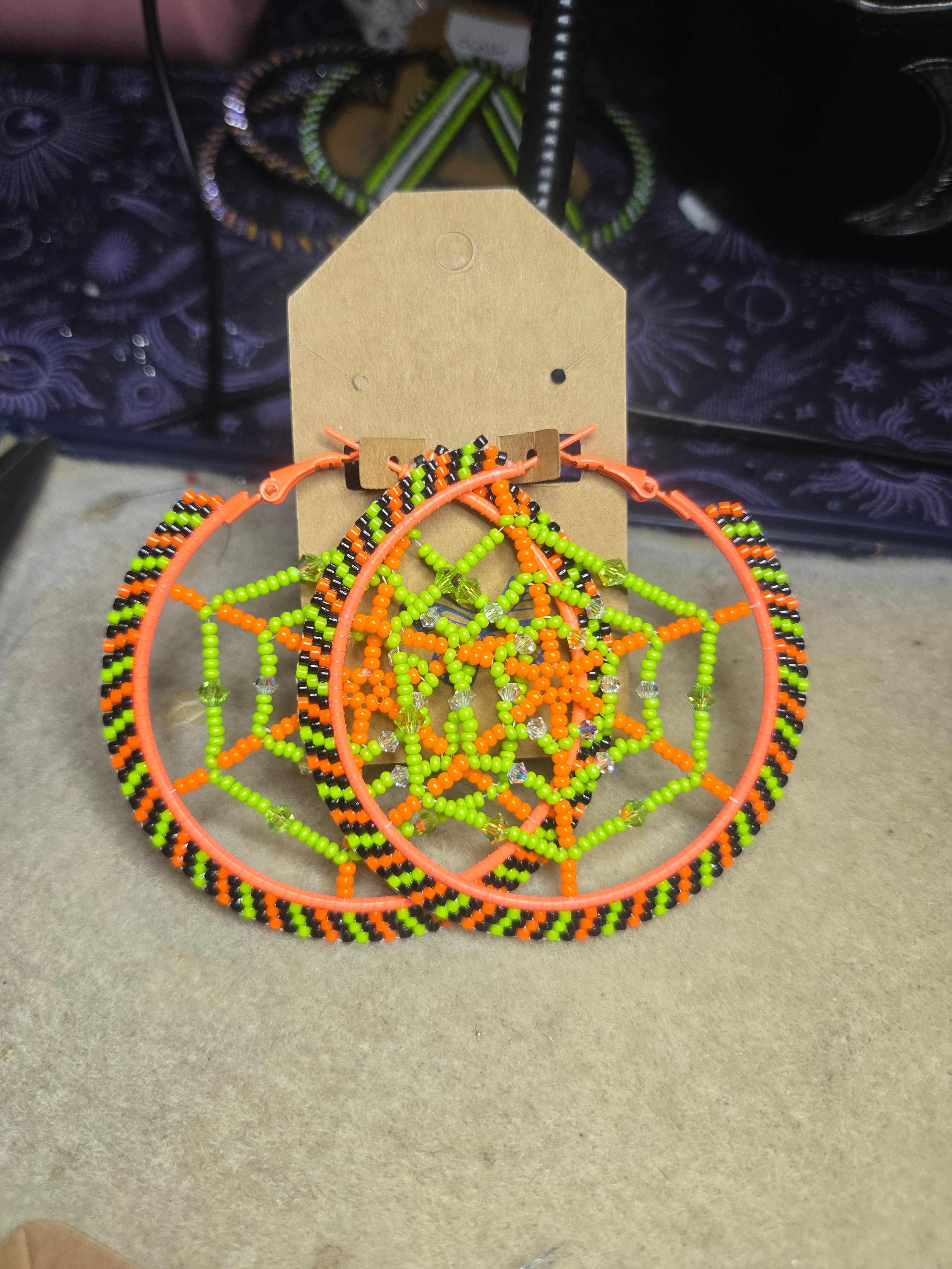 Beaded Halloween Neon Web Hoops